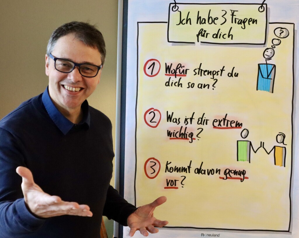 Robert Jautschus steht vor einer Flipchart mit den Fragen: Wofür strengst du dich so an? Was ist dir extrem wichtig? Kommt davon genug vor?