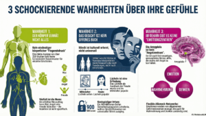 Übersichtsgrafik mit drei Bereichen zu Körper, Gesicht und Gehirn, die zeigt, wie diese Ebenen in der Emotionsforschung zusammenhängen.
