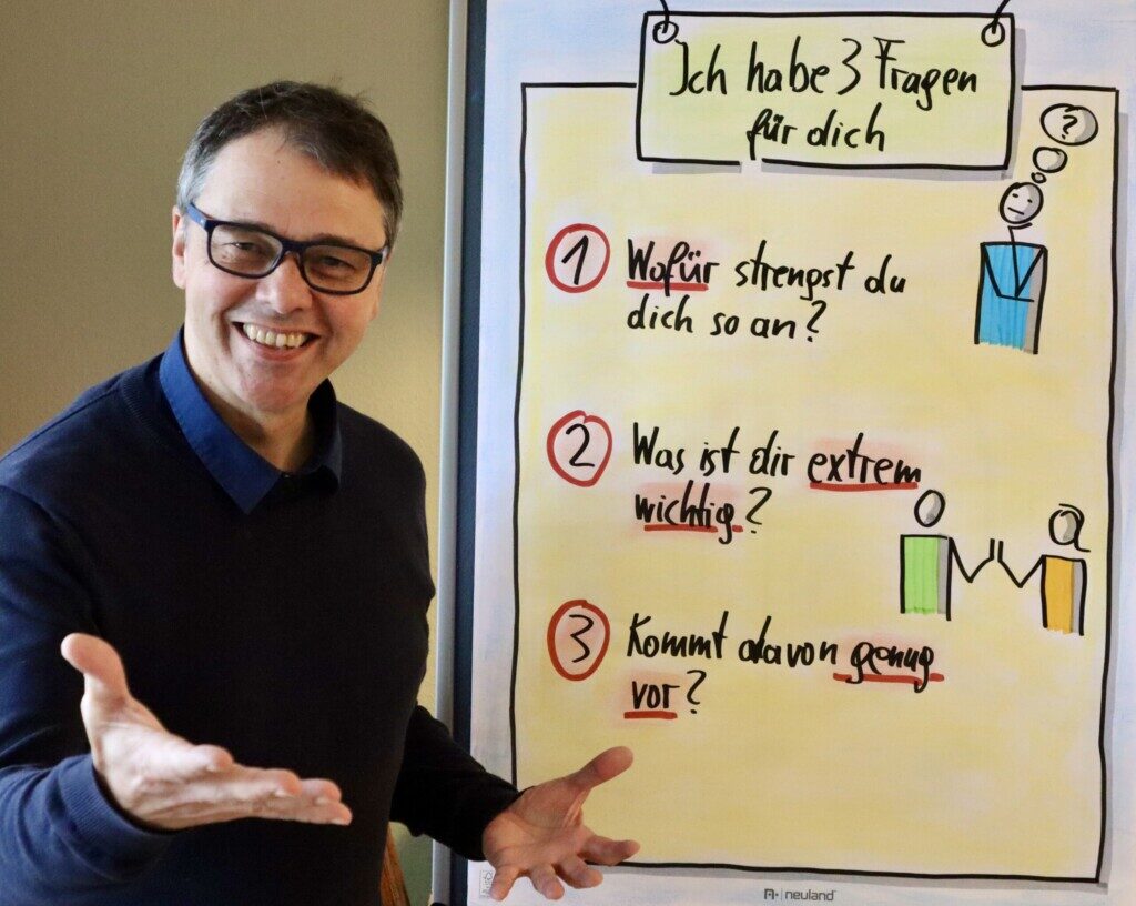 Robert Jautschus steht vor einer Flipchart mit den Fragen: Wofür strengst du dich so an? Was ist dir extrem wichtig? Kommt davon genug vor?